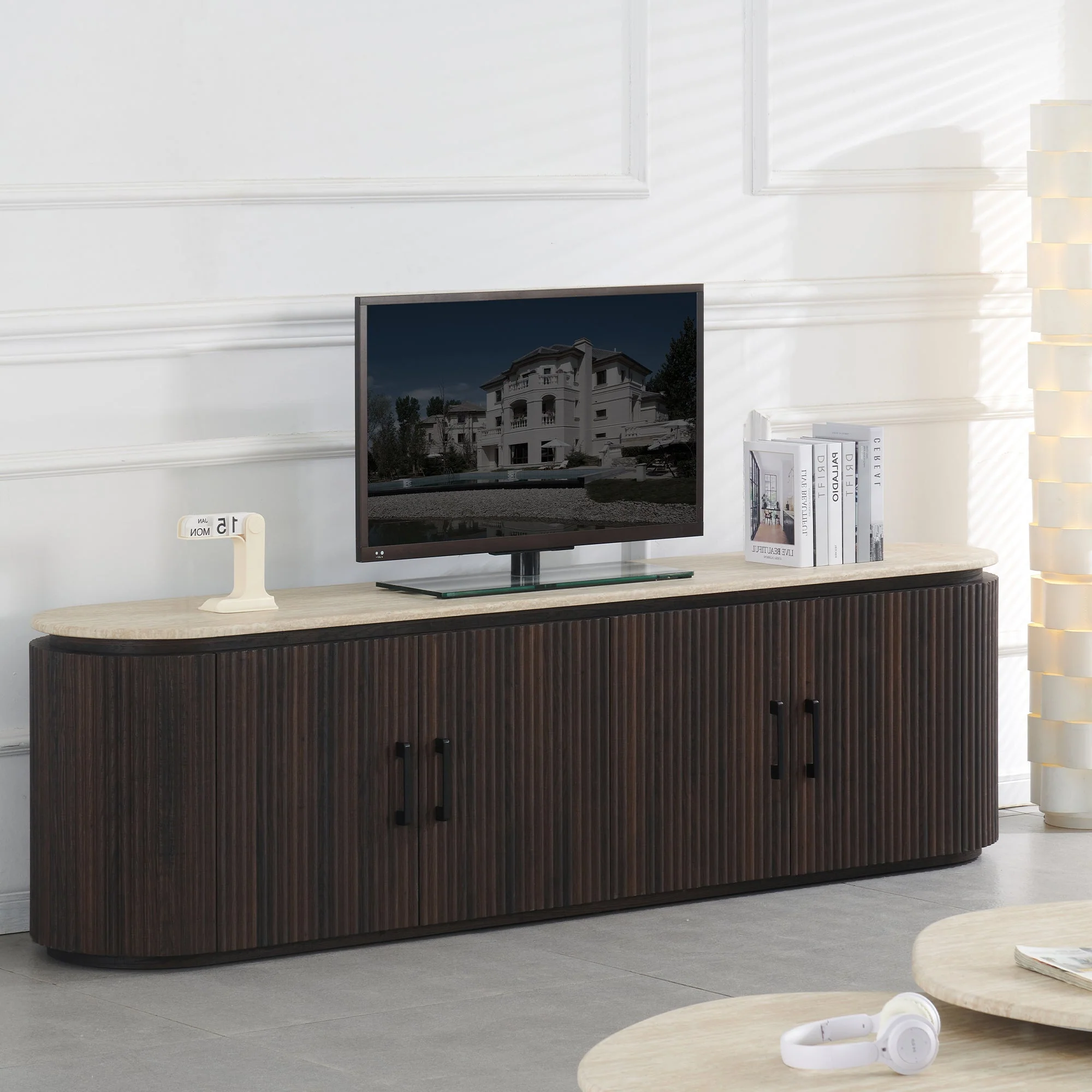 Asmara - Walnut TV Unit, Marble Effect Top - Image 2