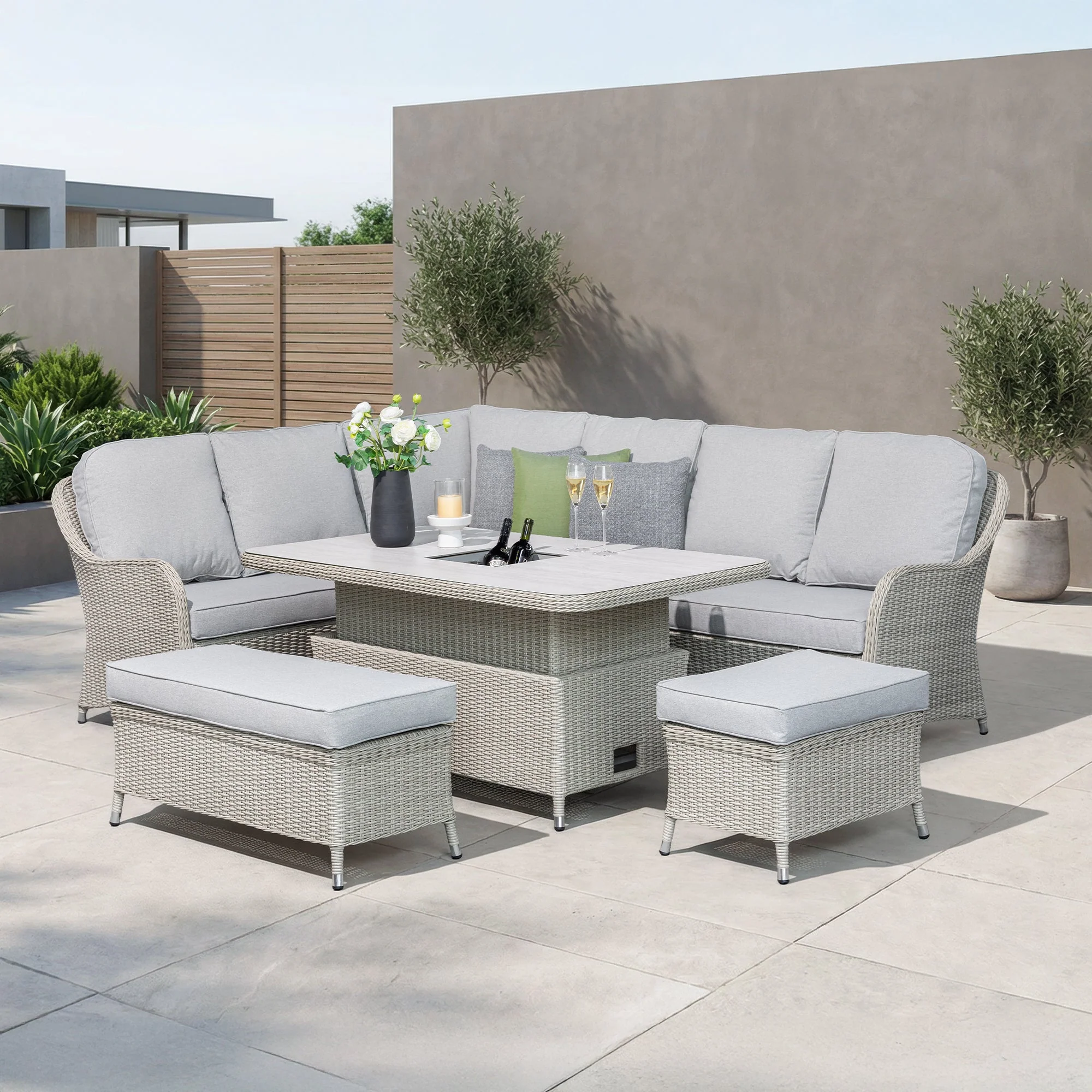 Pebble Beach - Corner Garden Sofa Dining Set With Rising Table & Ice Bucket, Rattan Weave
