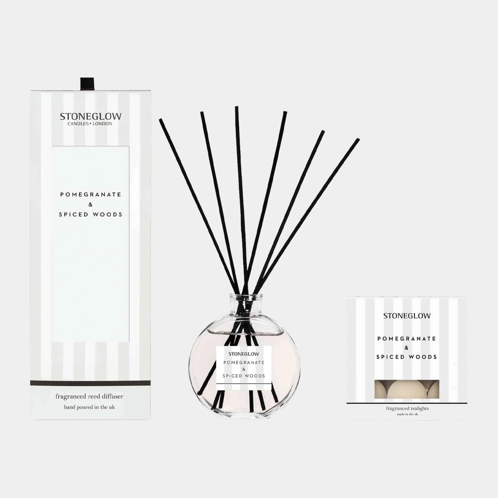 Stoneglow Modern Classics - Pomegranate & Spiced Woods Reed Diffuser & Tealights Candle Set