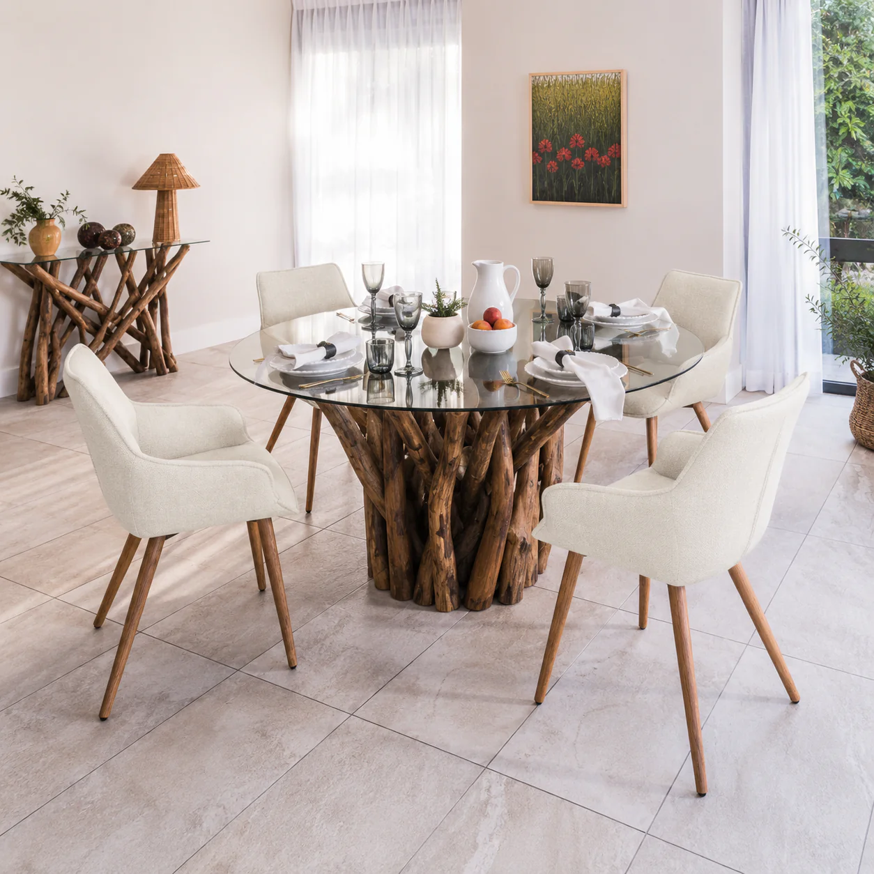 Twiggy - 160cm Round Dining Table & 6 Twiggy Chairs, Oatmeal